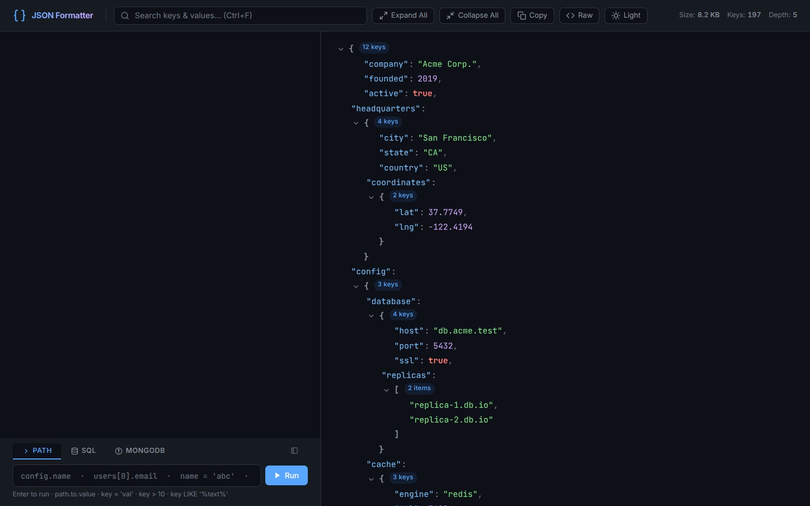 JSON Formatter & Query in action — tree view with query panel